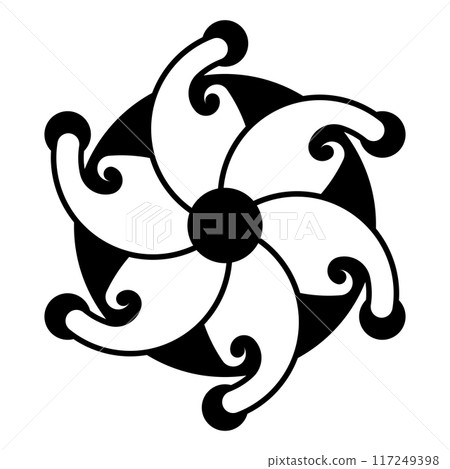 Six-pointed star, crop circle pattern. Structure in the shape of a pinwheel or a flower, with six petals, rotating counterclockwise. Modeled on a corn circle found in 2024 in Wiltshire. Illustration. 117249398