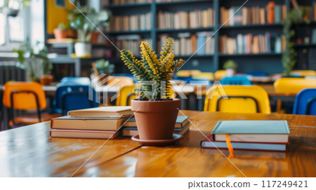 Books on Modern Table in Colorful Classroom 117249421