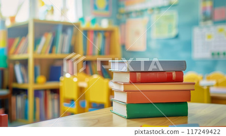 Books on Modern Table in Colorful Classroom 117249422