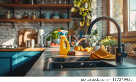 Cleaning Supplies and Green Plant on Kitchen Counter 117249423