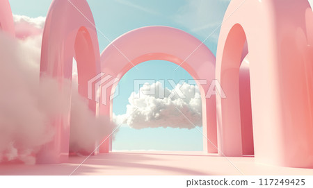 Dreamy Sky with Pink Arches and Fluffy Clouds 117249425