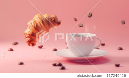 Coffee Break Concept with Floating Elements on Pink 117249426
