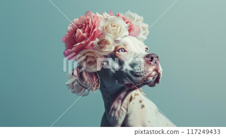 Adorable dog with Floral Headpiece 117249433