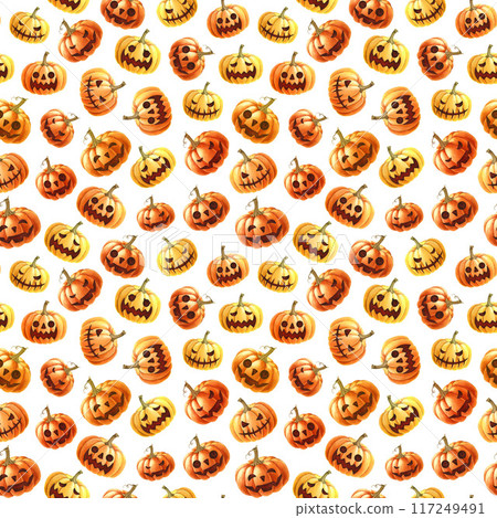 Halloween festive smiling spooky pumpkins seamless pattern decor. Hand drawn orange scary Halloween pumpkins on white background. Autumn holiday backdrop for wrapping, fabric, textile Halloween festive smiling spooky pumpkins seamless pattern decor. Hand drawn orange scary Halloween pumpkins on white background. Autumn holiday backdrop for wrapping, fabric, textile 117249491