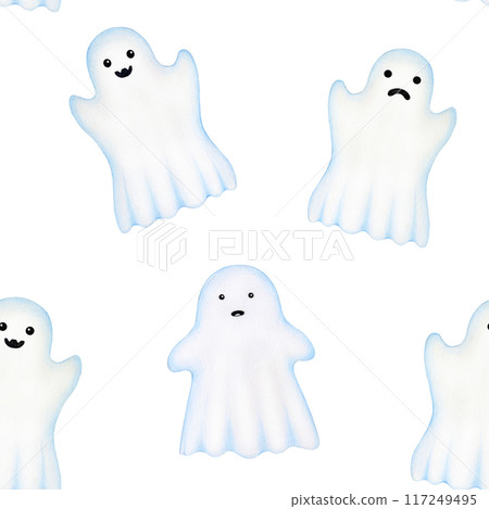 Funny spooky ghosts Halloween decor seamless pattern. Hand drawn illustration. Painted scary ghost and spirit elements fly on white background for packaging, printing, wrapping paper decoration Funny spooky ghosts Halloween decor seamless pattern. Hand drawn illustration. Painted scary ghost and spirit elements fly on white background for packaging, printing, wrapping paper decoration 117249495