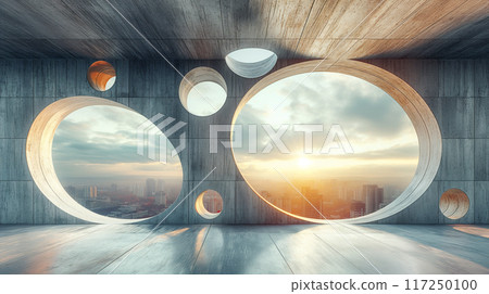 Modern Architectural Interior With Circular Windows Overlooking a City at Sunset. Generative AI 117250100