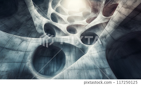 Abstract Concrete Architecture With Intricate Curves and Light Play in a Modern Space. Generative AI 117250125