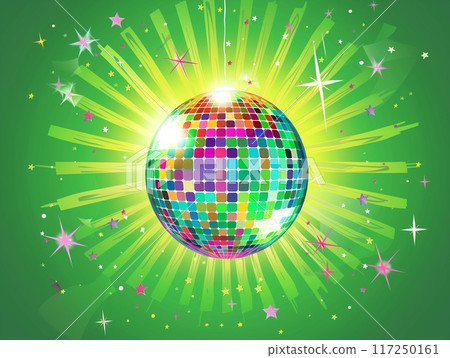 Disco ball on green background with colorful stars and glitter. 117250161
