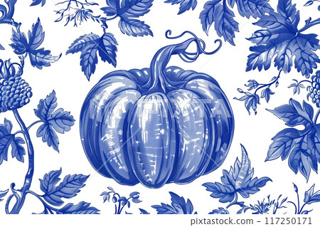 Hand drawn blue pumpkin on a white background, in the style of a French toile pattern, in a flat design Hand drawn blue pumpkin on a white background, in the style of a French toile pattern, in a flat design 117250171