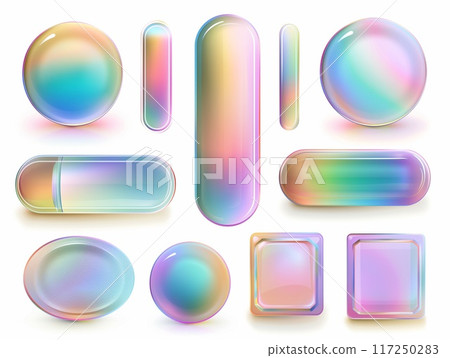 3d icon set of glossy bubble, circle and rectangle buttons isolated on white background. 3d icon set of glossy bubble, circle and rectangle buttons isolated on white background. 117250283