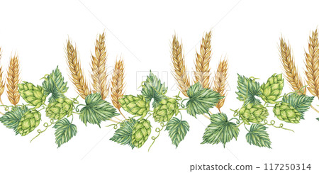 Hops and barley seamless border in watercolor. Green humulus lupulus cones and wheat ears repeating pattern banner for Oktoberfest, St Patrick's day, beer labels, traditional festival clipart 117250314