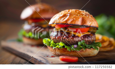 Juicy Beef Burger with Fresh Vegetables and Sesame Bun 117250382
