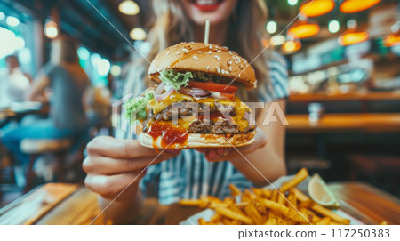 Delicious Double Cheeseburger in a Restaurant 117250383