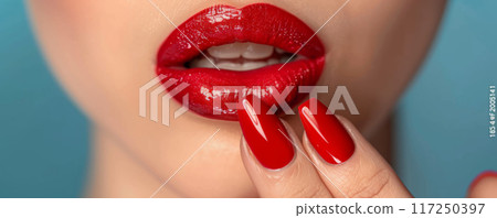 Close-up of Red Lips and Manicured Nails 117250397