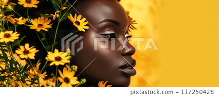 Serene Black Woman with Floral Headpiece on Yellow Background 117250428