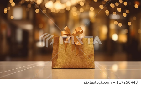 Luxurious Gold Gift Bag on Shiny Surface 117250448