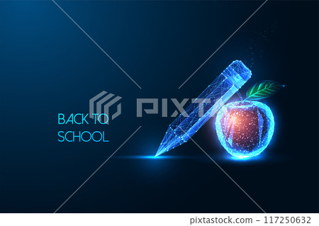 Back to school abstract futuristic concept with glowing pencil and apple on dark blue background.  117250632