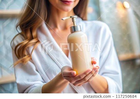Woman holding in hands a bottle of shampoo cream for body and hair care Woman holding in hands a bottle of shampoo cream for body and hair care 117250684