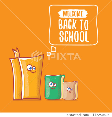 Back to school banner or poster with cartoon funky book and hand drawn doodle text label on orange backgrtound. Vector back to school background with cartoon school supplies 117250896