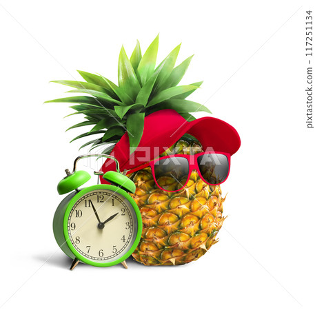 Trendy Pineapple wearing Sunglasses and visor alongside an Alarm Clock 117251134