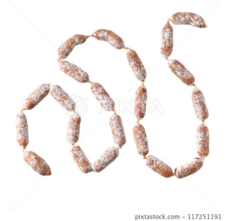 mini salami sausages isolated on a white background, top view. mini salami sausages isolated on a white background, top view. 117251191