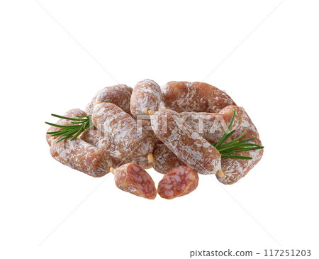 delicious mini spicy pork fermented dry cured salami sausages  isolated on a white background. 117251203