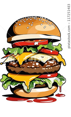 A gourmet burger with sesame seed bun, juicy patty and melted cheese 117251483