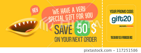 Vector Gift Voucher with Coupon Code And Cute Funny Monster Character. Kawaii Design with Happy Face Emoji. Discount Offer Graphic with Promo Code for restaurant and cafe. 117251586