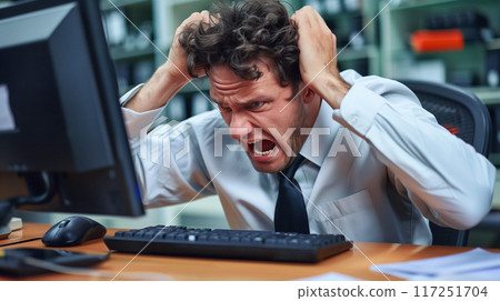 tired man under stress at work at the computer in the office 117251704