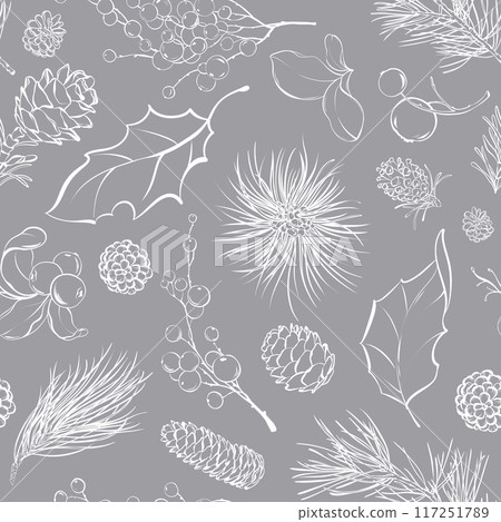 Christmas seamless pattern with hand-drawn botanical elements holly, pine cones, berries. Design with repeating line art of winter foliage. Background for like wallpaper and gift wrap. 117251789