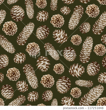 Seamless background fir cones. Watercolor nature pattern. Pinecones Christmas wrapping. Forest plant elements on white background. Botanical ornament for fabric design. Seamless background fir cones. Watercolor nature pattern. Pinecones Christmas wrapping. Forest plant elements on white background. Botanical ornament for fabric design. 117251848