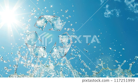 Icon featuring recycling symbol of water droplets, circular frame, background of clear blue sky with shining sun. Icon representing the ecological call to recycle 117251999