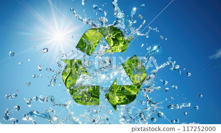 Recycling symbol icon with water droplets and circular frame, eco-friendly design with clear sky and sun. Icon representing the ecological call to recycle 117252000