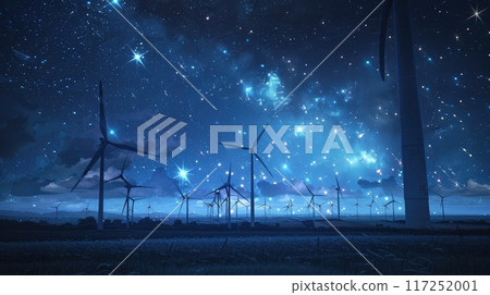 Night scene of Dutch windmill park, turbines illuminated by moonlight, stars twinkling in sky, peaceful and futuristic atmosphere. Windmill park clean energy nehterlands 117252001