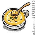 Pumpkin soup (pumpkin potage) and wooden spoon drawn with a brush, bold, Japanese style 117252239