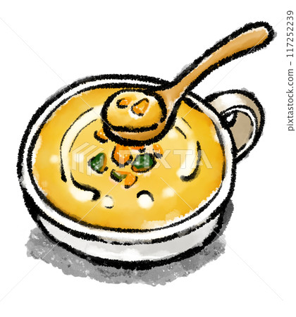 Bocha湯（南瓜濃湯）和用刷子畫的木勺，粗體字母，日式風格 117252239