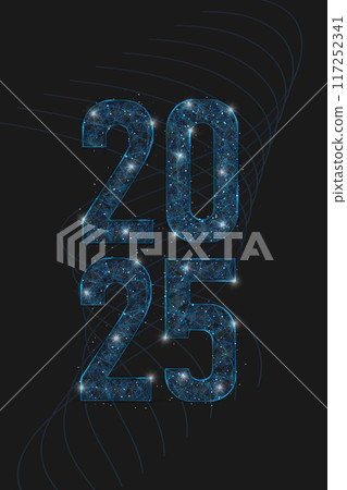 Abstract isolated blue image of new year number 2025. Polygonal low poly wireframe illustration looks like stars in the black night sky in space or flying glass shards. Digital web, internet design. Abstract isolated blue image of new year number 2025. Polygonal low poly wireframe illustration looks like stars in the black night sky in space or flying glass shards. Digital web, internet design. 117252341