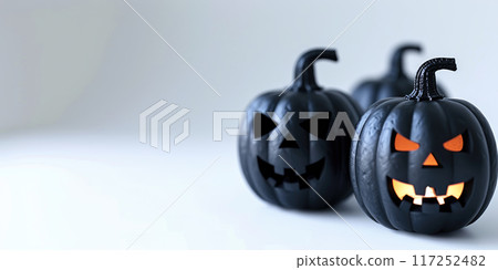 Row of black jack-o-lanterns with carved faces, one glowing with orange light on white background with copy space. Halloween pumpkins with sinister expressions in spooky, eerie setup. Ai generation Row of black jack-o-lanterns with carved faces, one glowing with orange light on white background with copy space. Halloween pumpkins with sinister expressions in spooky, eerie setup. Ai generation 117252482