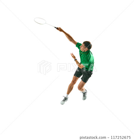Dynamic image of concentrated young man in green sportswear, badminton player in motion with racket, preparing for match isolated on white background Dynamic image of concentrated young man in green sportswear, badminton player in motion with racket, preparing for match isolated on white background 117252675