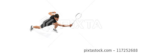 Top view of athletic young man, badminton player in motion training, preparing for game isolated on white background Top view of athletic young man, badminton player in motion training, preparing for game isolated on white background 117252688