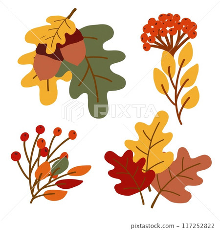 Colorful leaves, acorns, and berries capture the essence of fall in a creative arrangement. 117252822