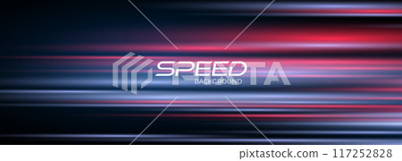 Blue and red high-speed background. Movement light trails effect on black abstract background. Wide technology banner with glowing blue and red light motion effect. 117252828
