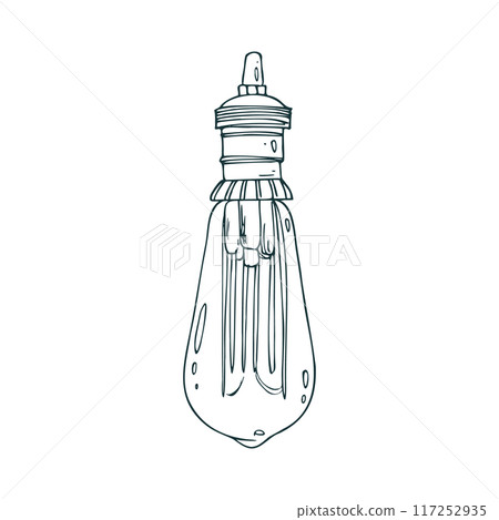 Edison glass lamp hanging on a cord glowing in the shape of a drop. Line art is a simple hand-drawn illustration in black and white ink. Isolated vector EPS object. Edison glass lamp hanging on a cord glowing in the shape of a drop. Line art is a simple hand-drawn illustration in black and white ink. Isolated vector EPS object. 117252935