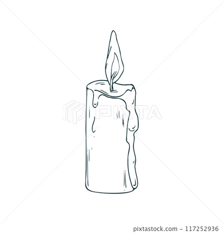 Wax candle tall with wax drips and burning flame. Line art is a simple hand-drawn illustration in black and white ink. Isolated vector EPS object. Wax candle tall with wax drips and burning flame. Line art is a simple hand-drawn illustration in black and white ink. Isolated vector EPS object. 117252936