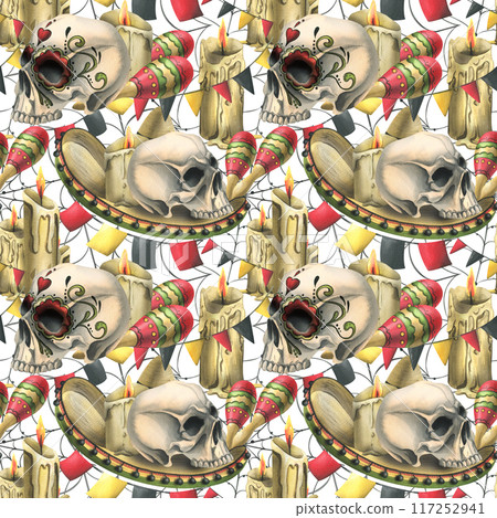 Human skulls, a sombrero hat, maracas, garland flags, candles and cobwebs. Hand drawn watercolor illustration for day of the dead, halloween, Dia de los muertos. Seamless pattern on white background Human skulls, a sombrero hat, maracas, garland flags, candles and cobwebs. Hand drawn watercolor illustration for day of the dead, halloween, Dia de los muertos. Seamless pattern on white background 117252941