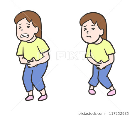 Set of illustrations of a woman with a stomach ache and a woman who is about to leak Set of illustrations of a woman with a stomach ache and a woman who is about to leak 117252985