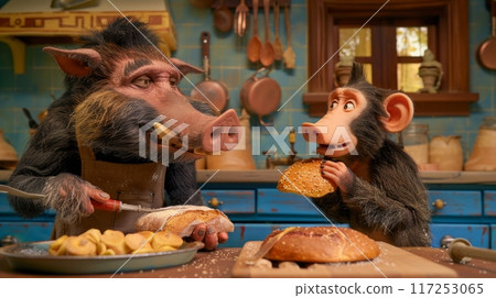 wild boar and a monkey are cooking in a child-sized kitchen. The boar is slicing bread and the monkey is holding a sesame seed bun. 117253065