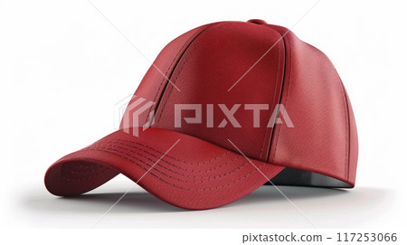 red leather baseball cap sits on a white surface, its brim angled slightly forward. red leather baseball cap sits on a white surface, its brim angled slightly forward. 117253066