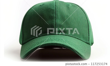 plain, solid green baseball cap sits on a white background. The cap is brand new and ready to be personalized. 117253174