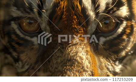 close-up of a tiger's amber eyes, reflecting the light of the jungle, with its fur patterns framing its piercing gaze. 117253209
